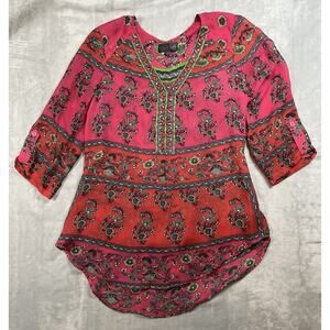 Hale Bob Silk Print Beaded Size Small Cabana Peasant Top Boho Chic Resort Blouse